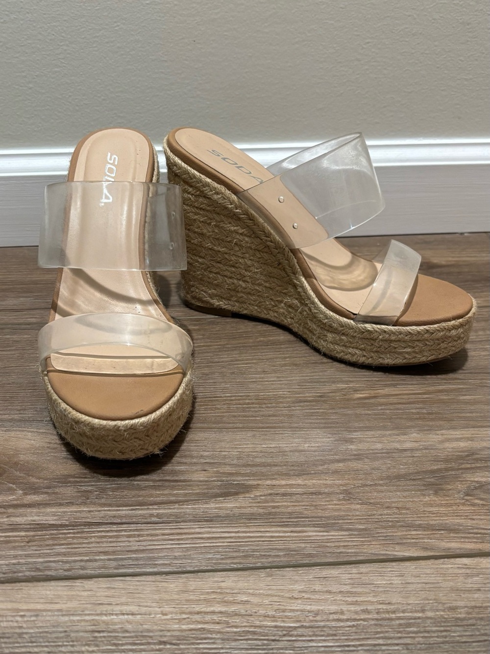Soda Clear Double-Strap Espadrille Wedge Sandals - Tan Jute